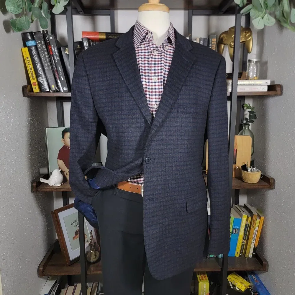 Nautica Men's‎ Flannel Sport Coat Blazer Two Button Brown Navy Plaid Size 46L
